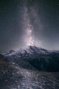 The Milky Way aligned with Mount Rainier as seen from Fremont Lookout