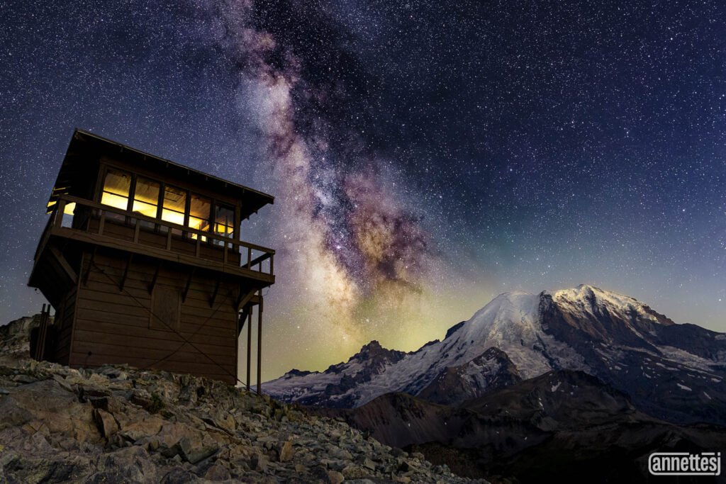 Landscape photos for sale of Fremont Lookout and Mount Rainier, the Milky Way in between.