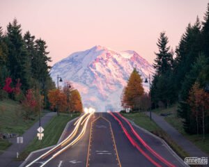 Mount Rainier viewed from Tehaleh, Washington at sunset