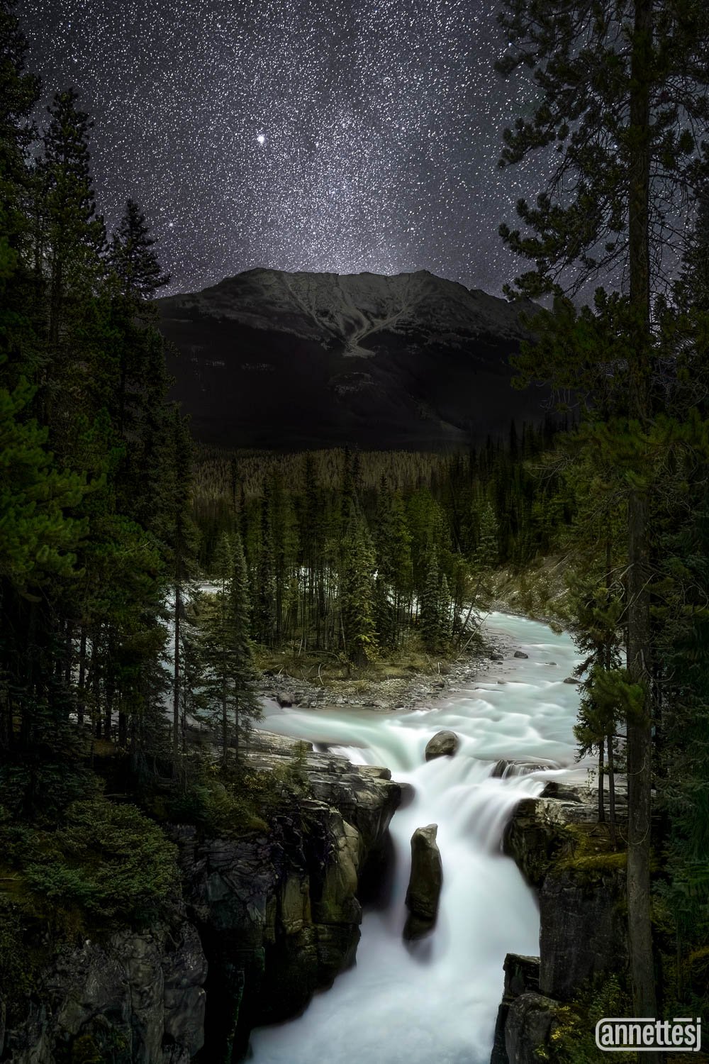 Landscape photos for sale of night sky over Sunwapta Falls, Alberta.