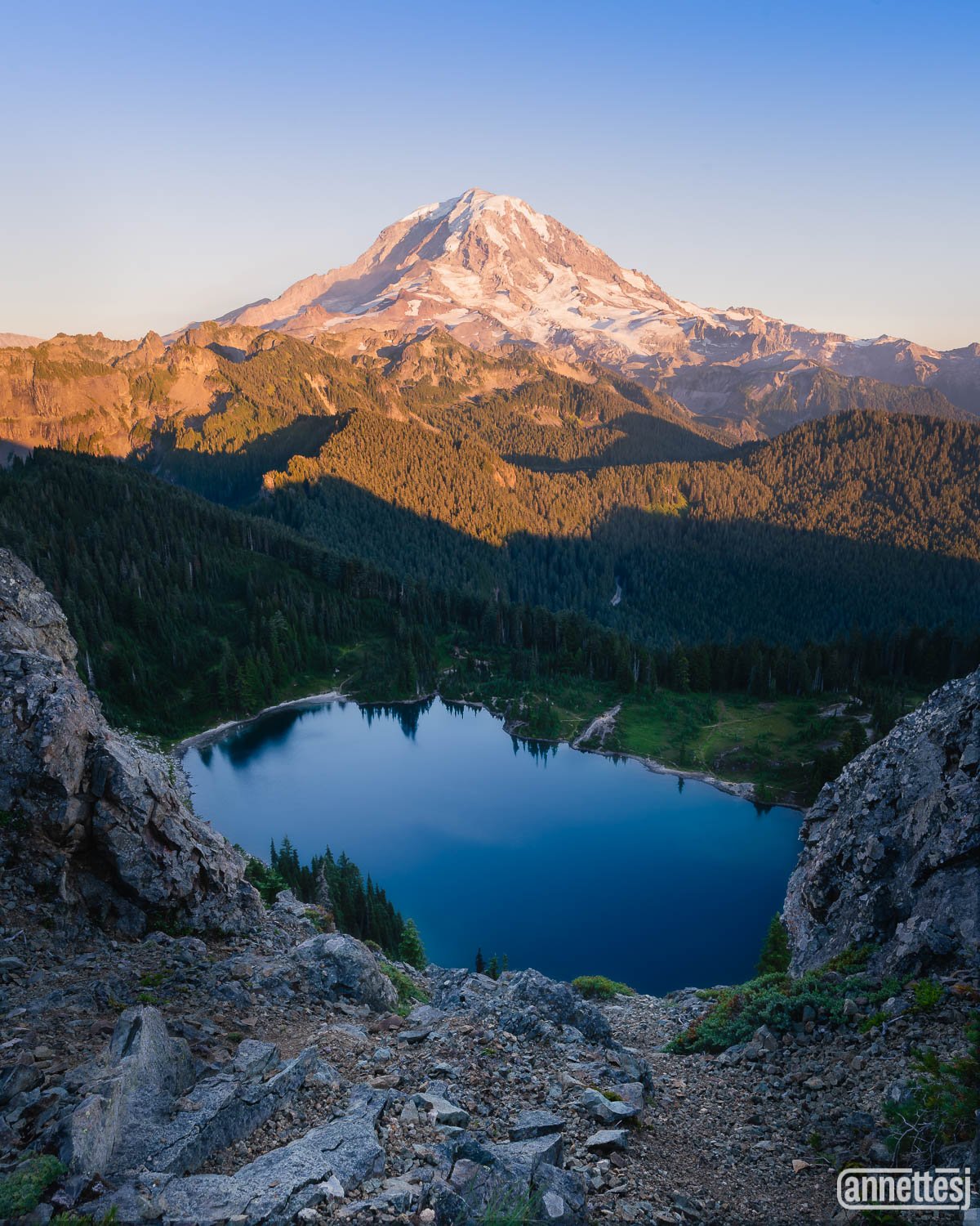 Eunice Lake nestled below Mount Rainier from Tolmie Peak