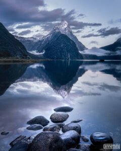 Mitre Peak reflected in Milford Sound, New Zealand