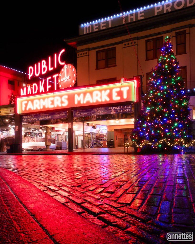 Festive lights at Pike Place market in downtown Seattle.