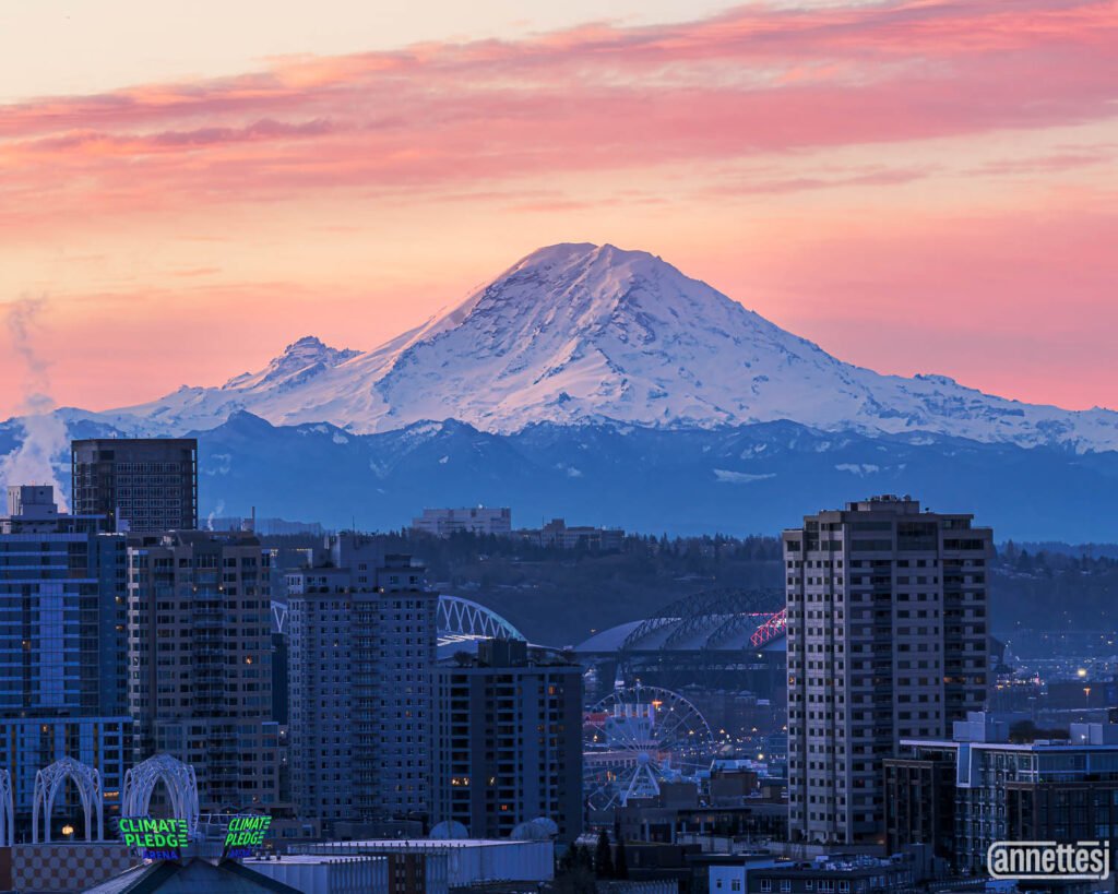 Sunrise featuring Mount Rainier and the Seattle skyline