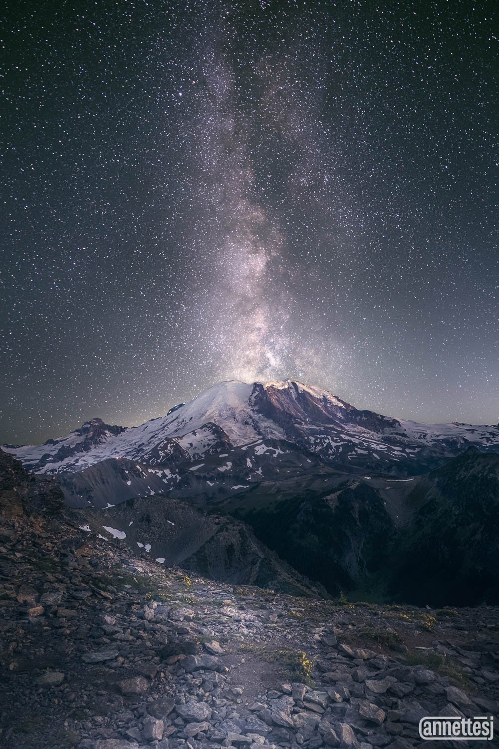 Astrophotography prints of the Milky Way behind Mount Rainier, Washington