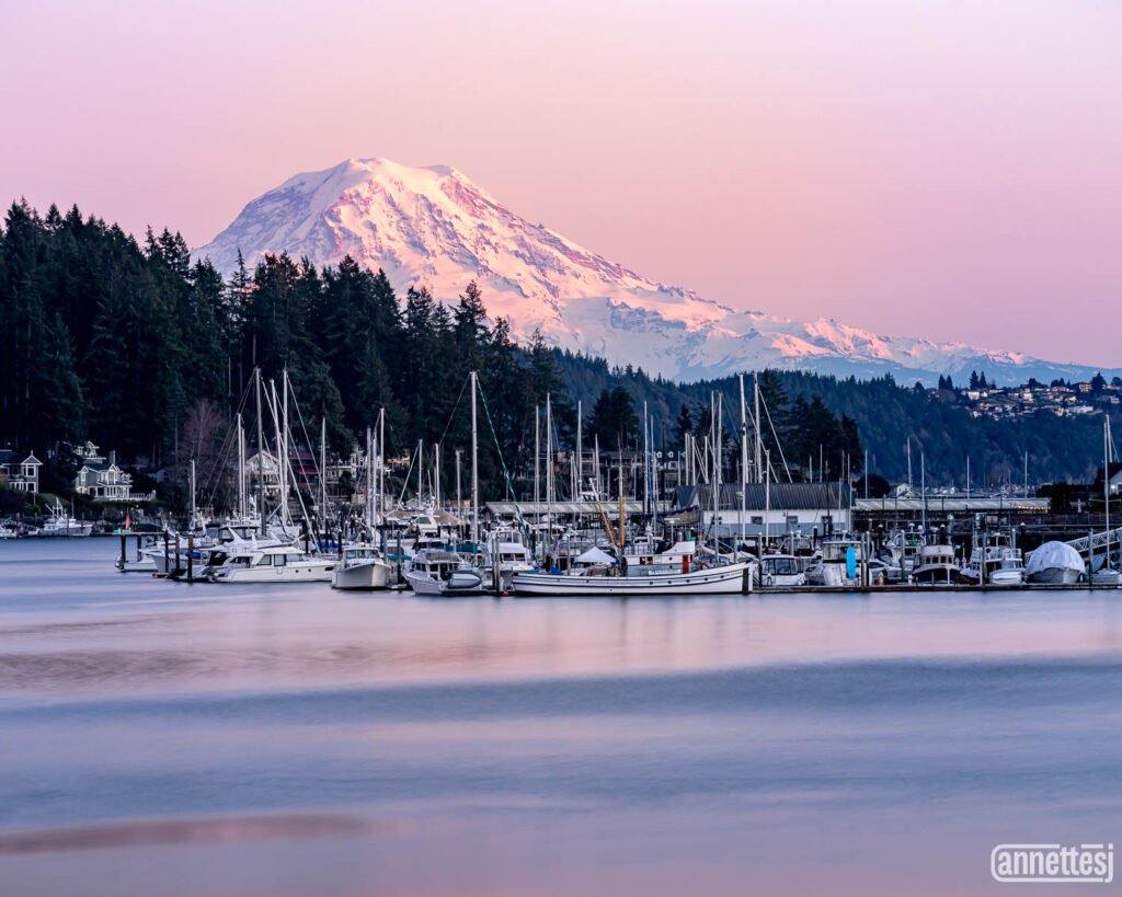 Mount Rainier/Tahoma during a winter's sunset. At Gig Harbor.