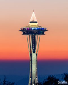 Sunset and the Space Needle during the Holiday Season
