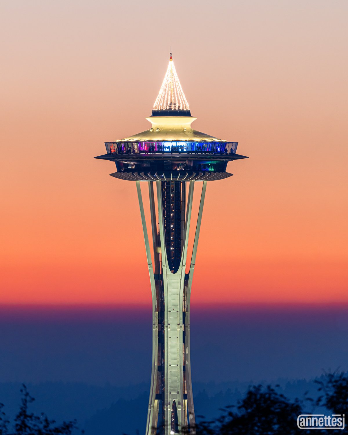Sunset and the Space Needle during the Holiday Season