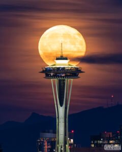 The moon and Space Needle Seattle Photography