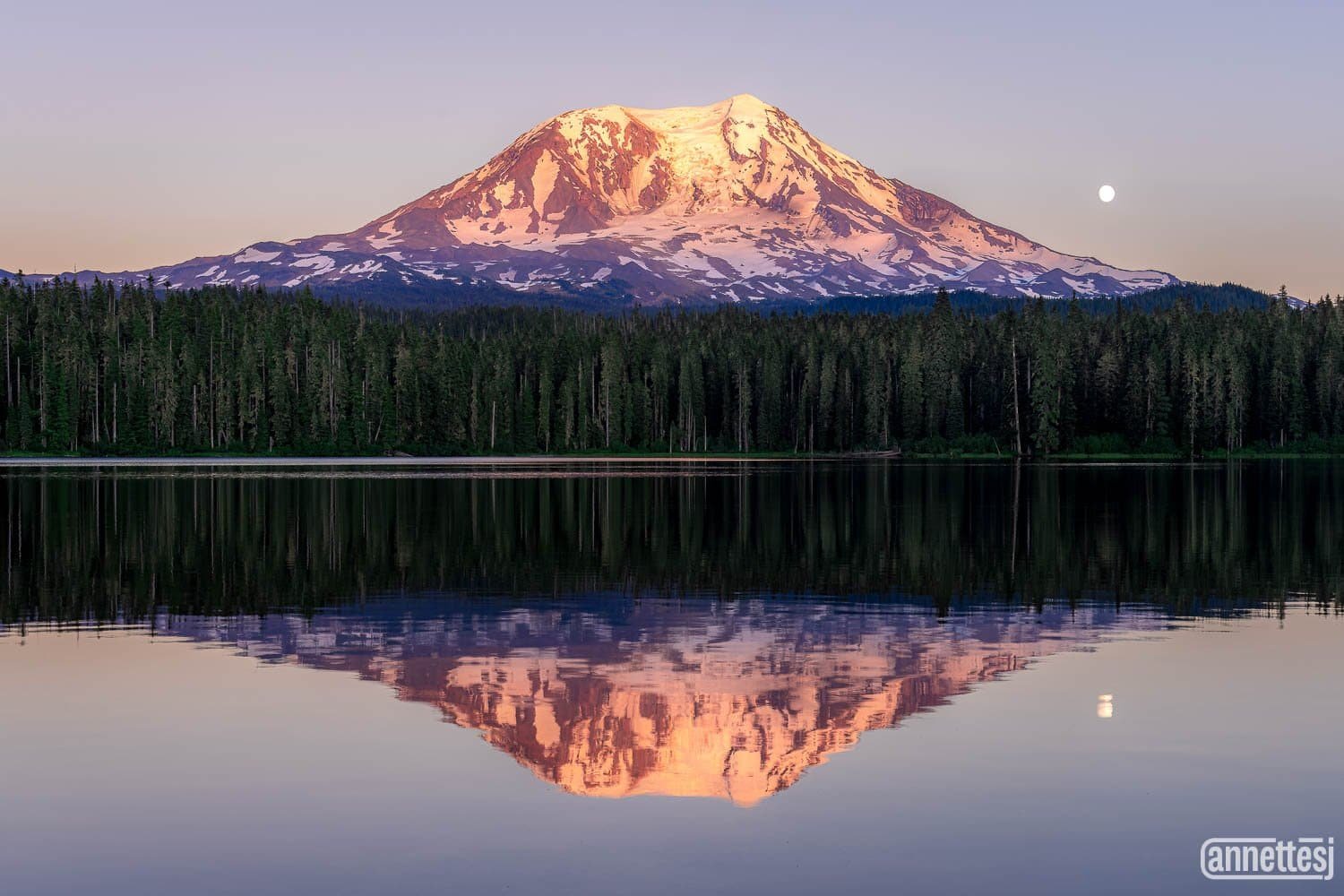 Serene Mount Adams reflected in Still Lake at sunset, Pacific Northwest landscape photography.