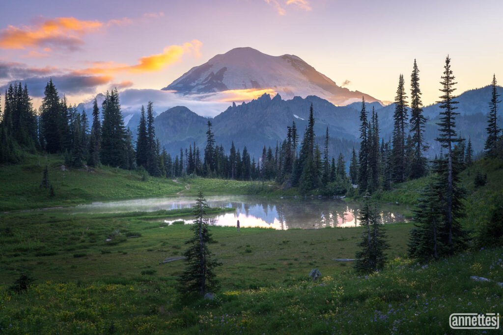 Washington State Photography of sunset at Little Tipsoo Lake Mount Rainier
