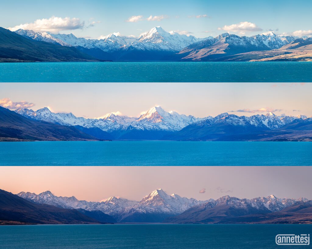 Three stages of Sunset on Aoraki/Mount Cook