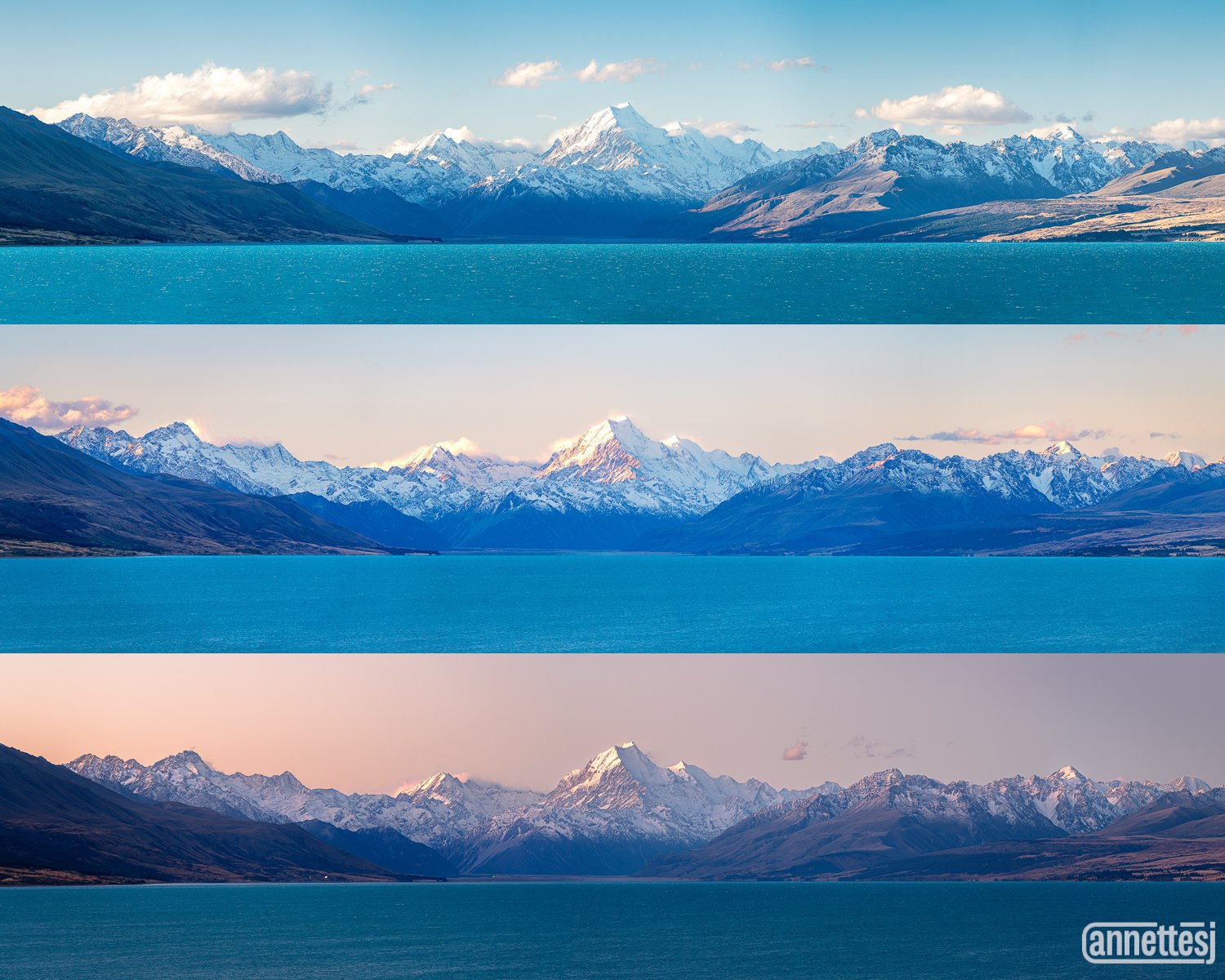 New Zealand Landscape photos of three stages of Sunset on Aoraki/Mount Cook