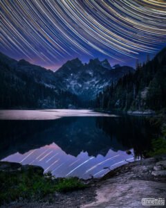 Landscape photo for sale of star trails above Spectacle Lake, Washington