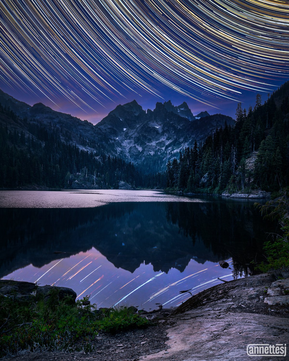 Landscape photo for sale of star trails above Spectacle Lake, Washington