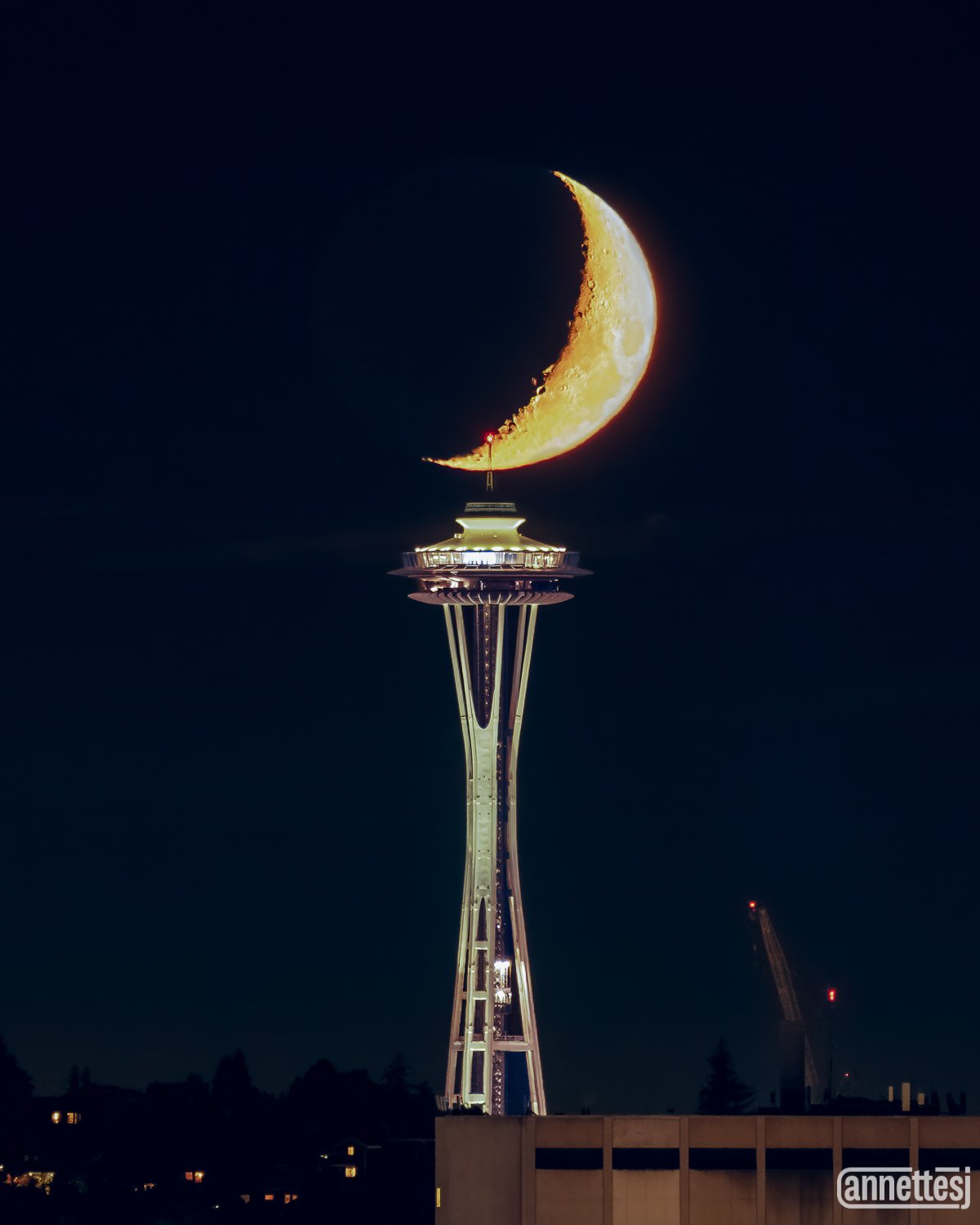 Seattle photography for sale of crescent moon aligned with Space Needle