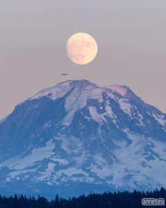Landscape photos for sale of the moon perfectly aligned over Mount Rainier