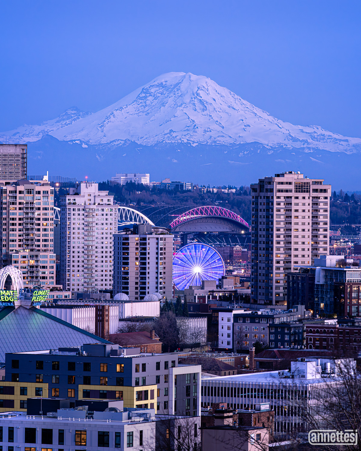 Tahoma Above Seattle Mount Rainier at twilight behind the Seattle skyline.